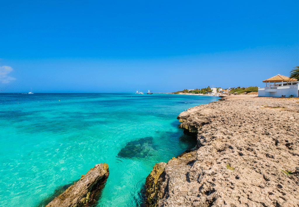 coral reef coast in crystal-clear turquoise water, malmok beach.