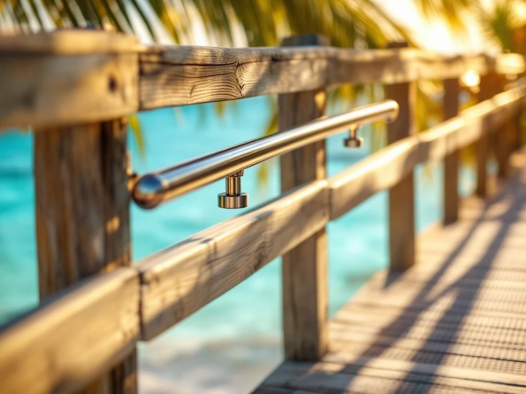 Wheelchair ramp with stainless steel handrails leading to turquoise ocean waters and beach in Aruba