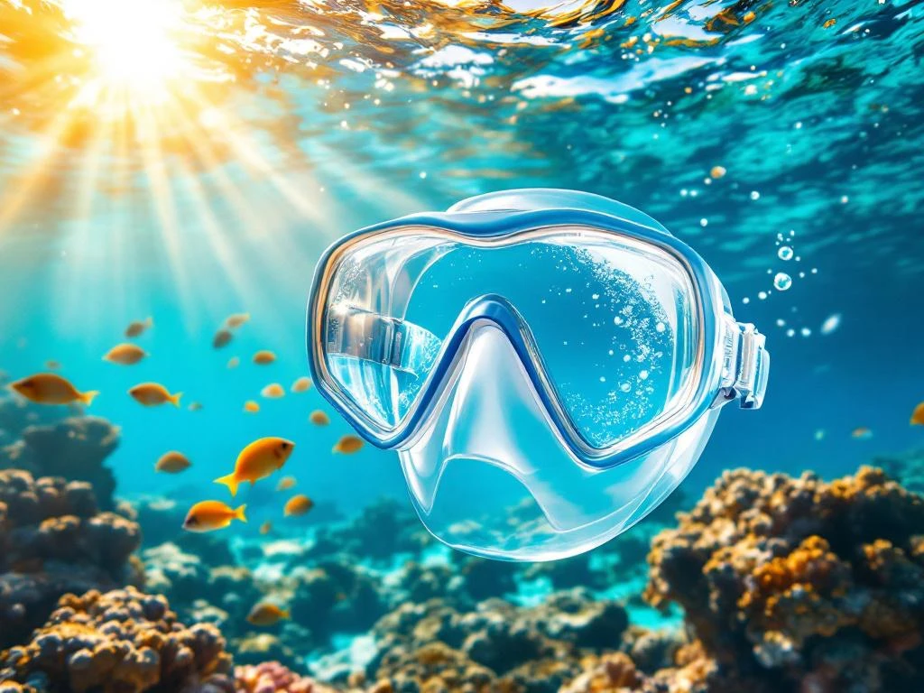 Anti-fog snorkeling mask underwater in clear turquoise Caribbean waters with coral reef and tropical fish