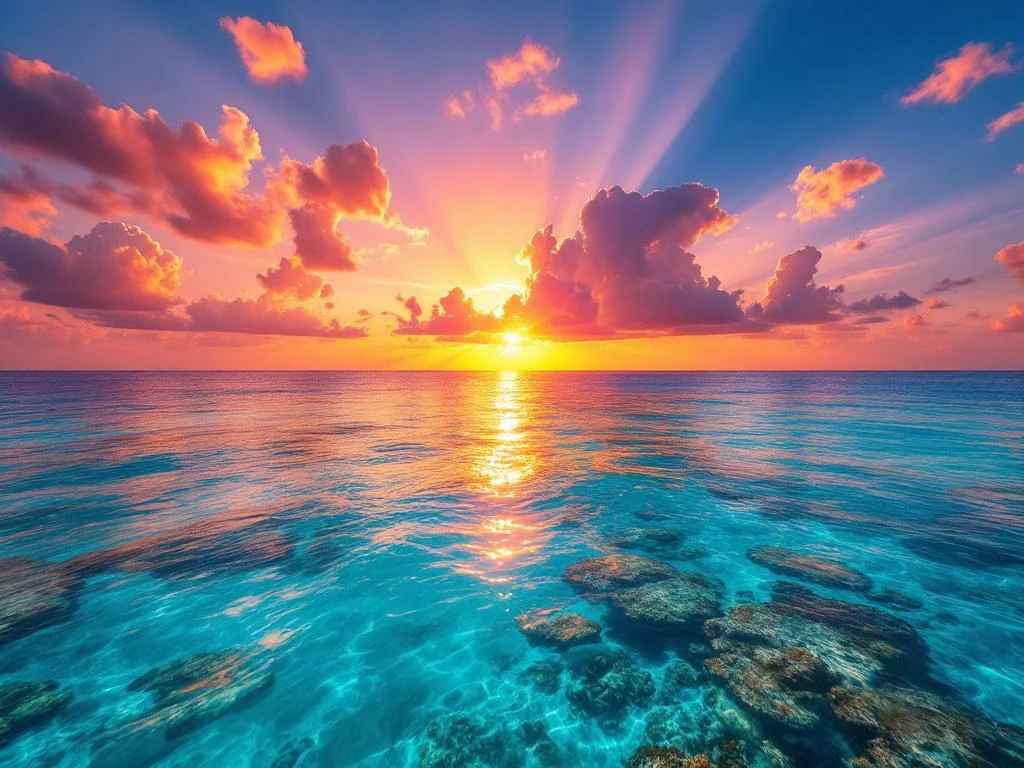 Aerial view of Aruba's turquoise Caribbean waters with coral reefs at sunset, golden sun rays through clouds over coastline