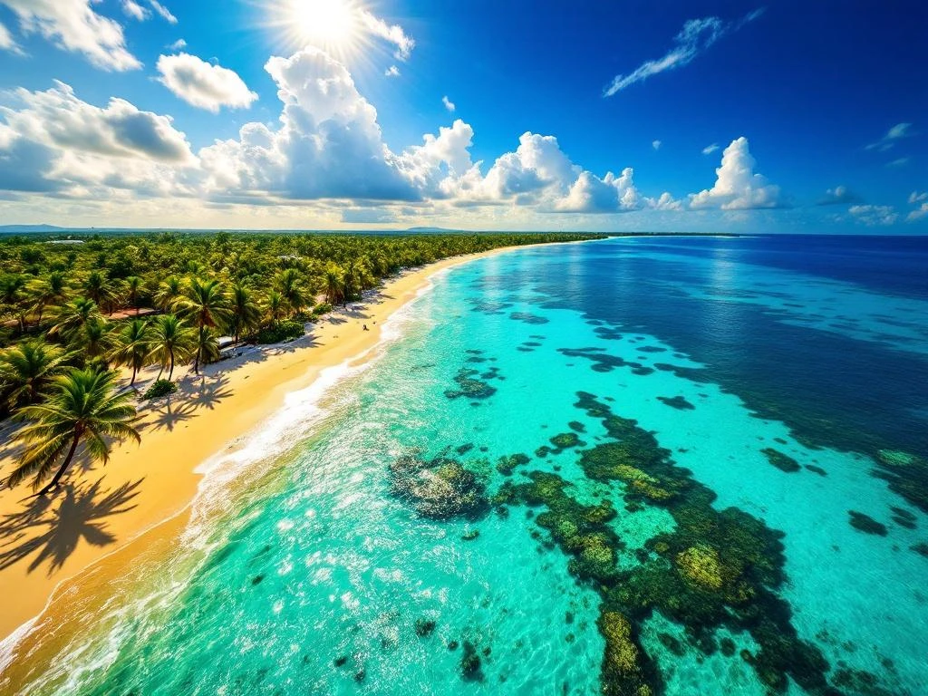 Aerial view of Aruba's turquoise Caribbean waters with coral reefs, golden beaches, palm trees, and sunlight patterns.