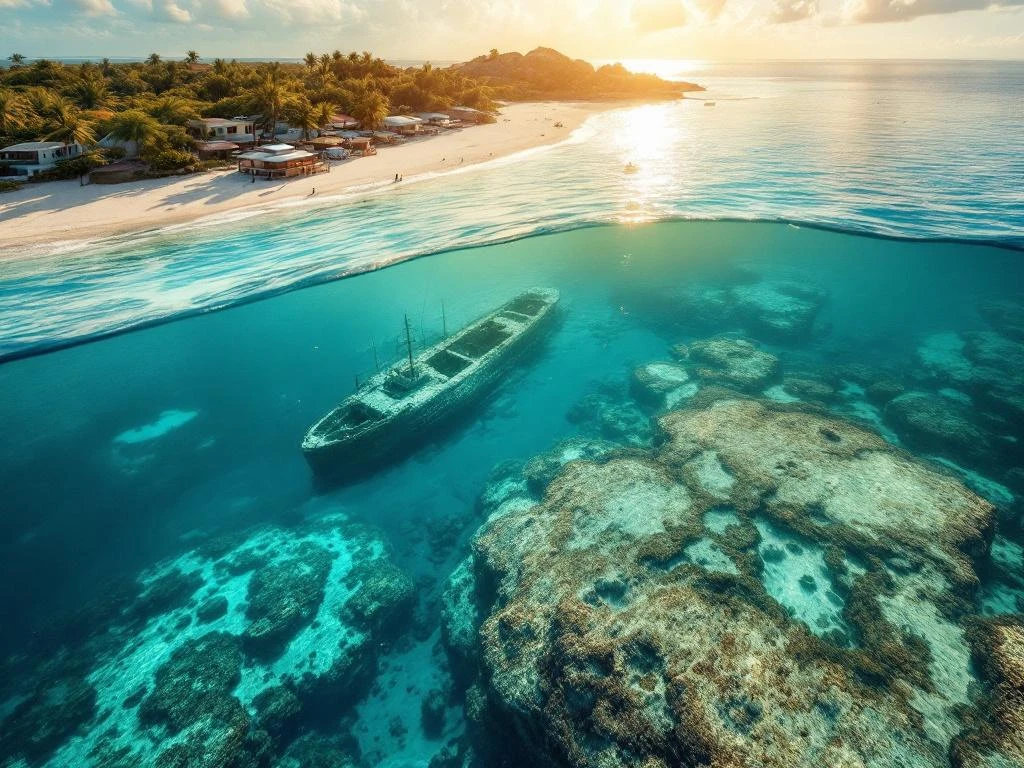 Aerial view of Aruba's turquoise Caribbean waters showing coral reefs, shipwreck, and navigation buoys with coastline beyond