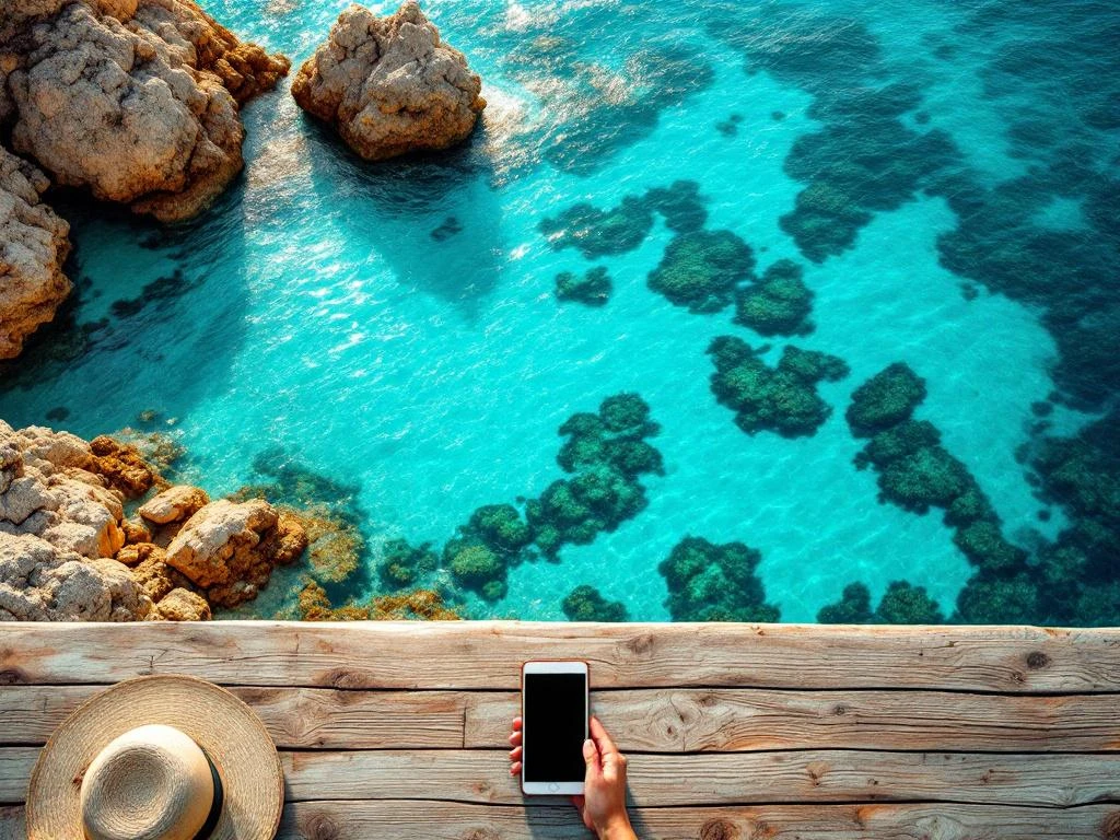Aruba's turquoise Caribbean waters and golden beaches with coral reefs, smartphone on dock for travel booking