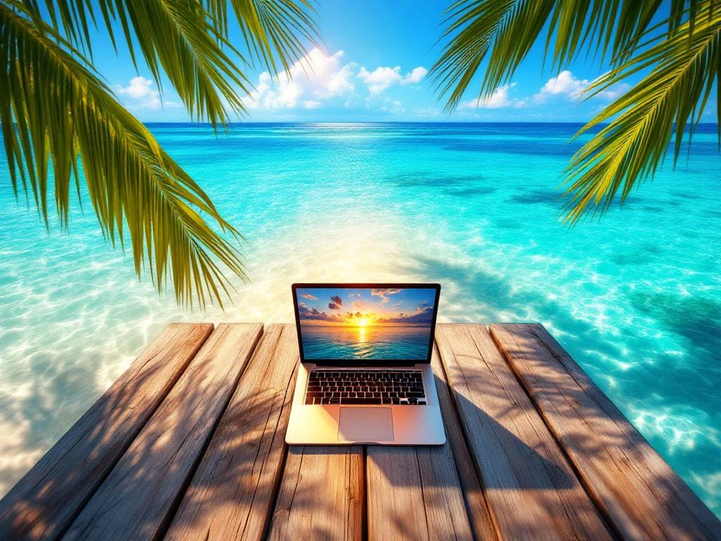 Laptop on wooden dock overlooking turquoise Caribbean waters, white sand beach, and coral reefs in Aruba