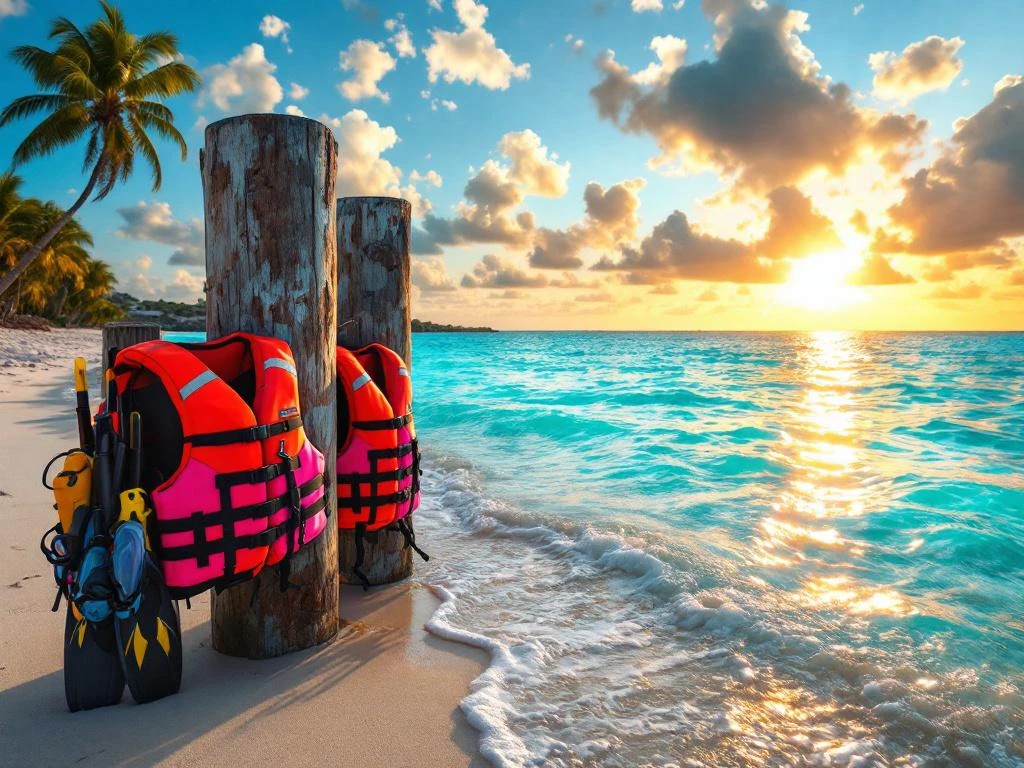 Snorkeling gear and orange life jackets on wooden dock at sunset beach in Aruba with turquoise Caribbean waters