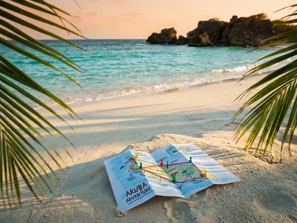Travel itinerary map on white sand beach with turquoise Caribbean waters, palm trees, and Aruban coastline at sunset
