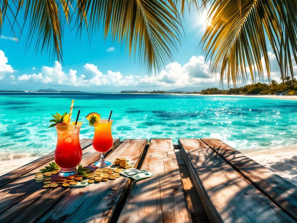Wooden dock with tropical cocktails and money overlooking turquoise Caribbean waters and white sand beach in Aruba