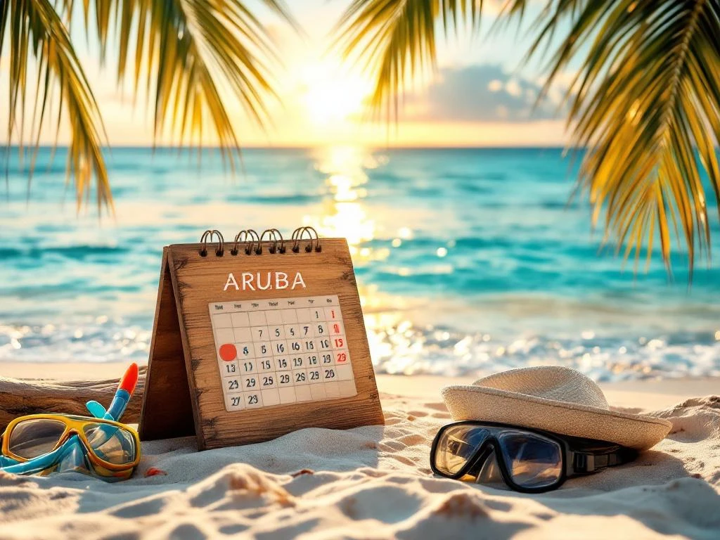 Vintage wooden calendar with circled dates on white sand Caribbean beach with turquoise water and snorkeling gear at sunset