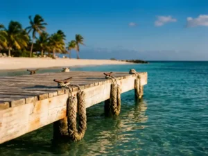 Wooden dock extending into turquoise Caribbean waters at pristine Aruba beach with palm trees and golden hour lighting