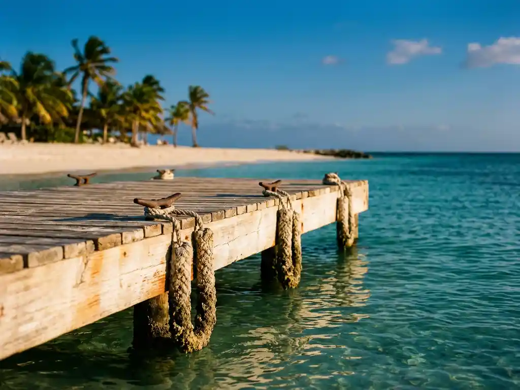 Wooden dock extending into turquoise Caribbean waters at pristine Aruba beach with palm trees and golden hour lighting