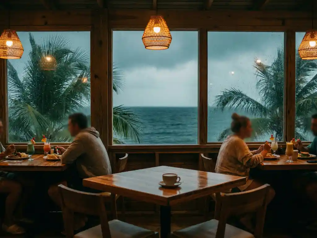 Cozy beachside café with rain-streaked windows, diners enjoying tropical drinks at wooden tables, palm fronds visible outside