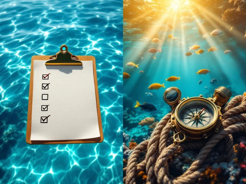 Clipboard with checkmarks and brass compass over turquoise Caribbean water with tropical fish and coral in Aruba