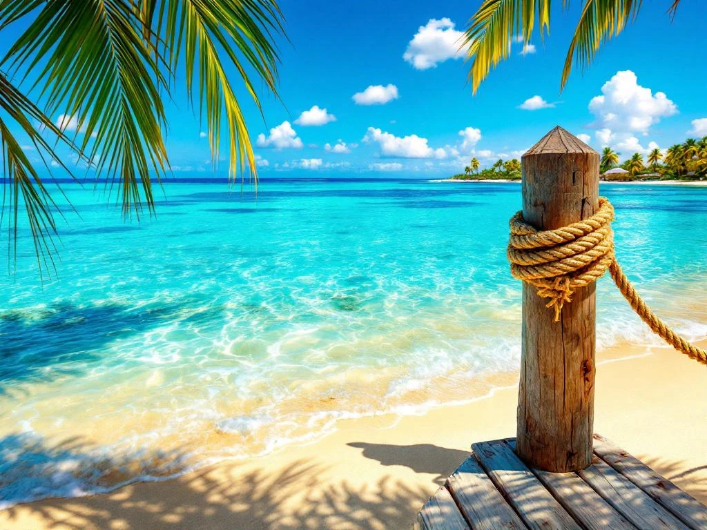 Turquoise Caribbean waters with golden beach, coral reefs, wooden dock, and palm trees along Aruba's coastline
