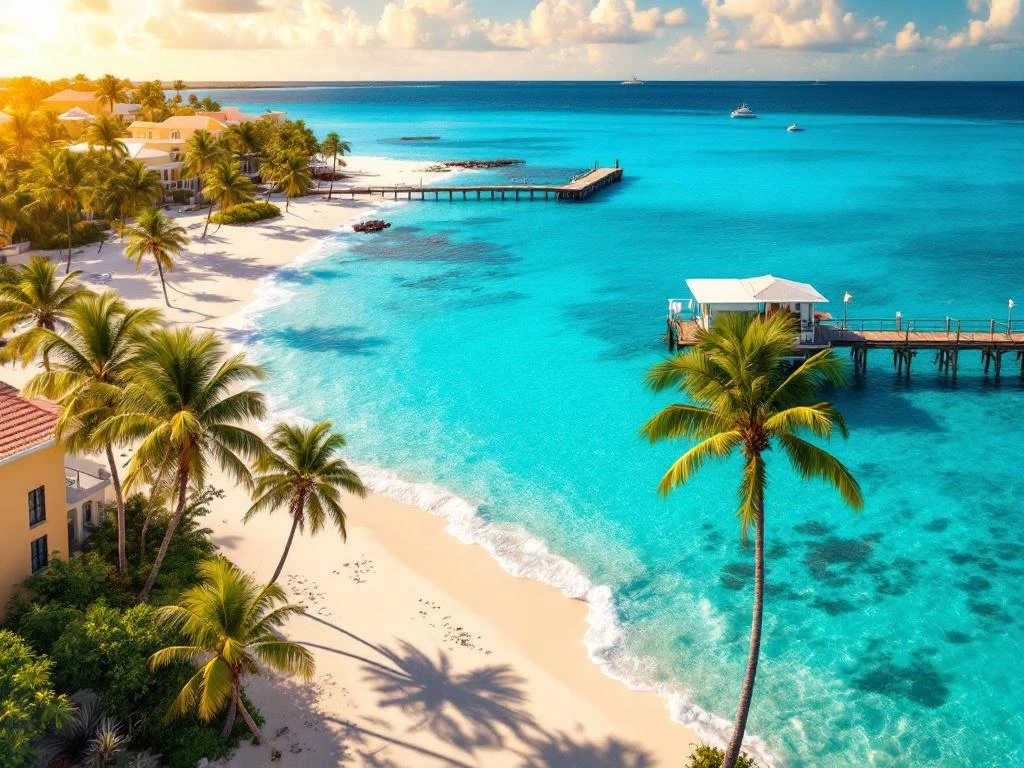 Aerial view of Caribbean coastal road and wooden pier in Aruba at golden hour with turquoise waters and palm trees