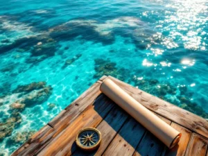 Aerial view of Aruba's turquoise Caribbean coastline with wooden pier, coral reefs, and navigation compass on teak deck