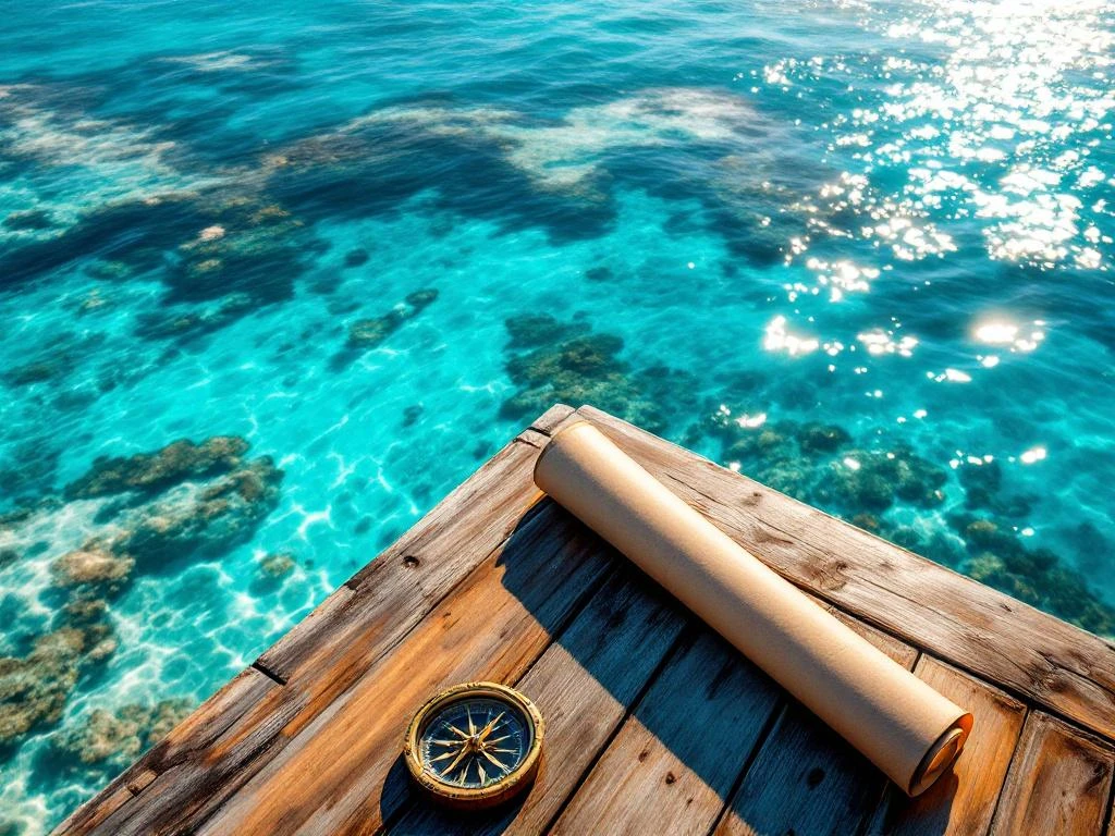 Aerial view of Aruba's turquoise Caribbean coastline with wooden pier, coral reefs, and navigation compass on teak deck