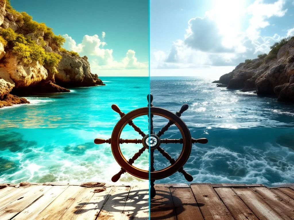 Split-screen comparison of Aruba's coastline in golden morning light versus harsh afternoon, with ship's wheel in foreground