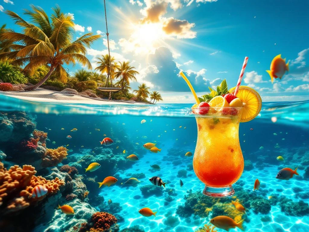Turquoise Caribbean waters with tropical fish, coral reefs, rope swing, palm trees at sunset, and tropical cocktail in Aruba