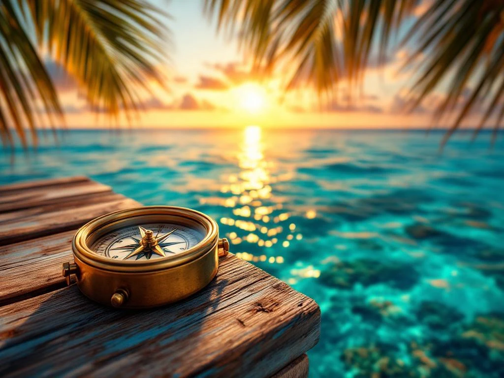 Brass compass and wristwatch on dock with turquoise Caribbean waters and sunset in Aruba