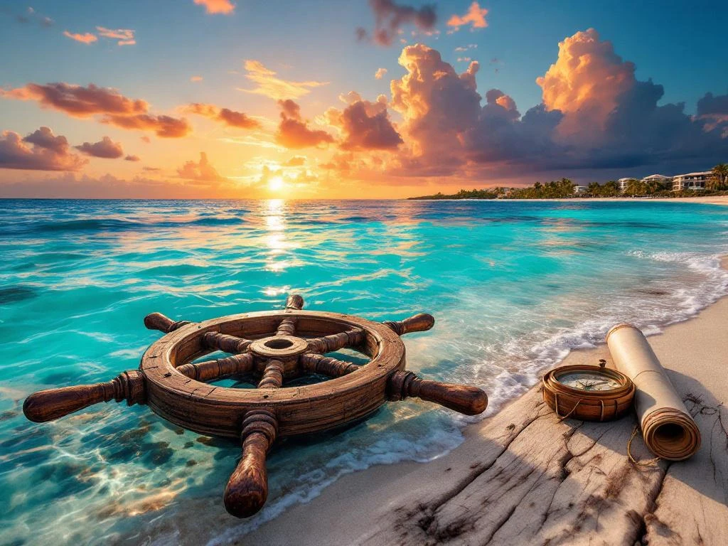 Weathered ship's wheel floating in turquoise Caribbean waters at sunset with Aruba coastline and nautical artifacts
