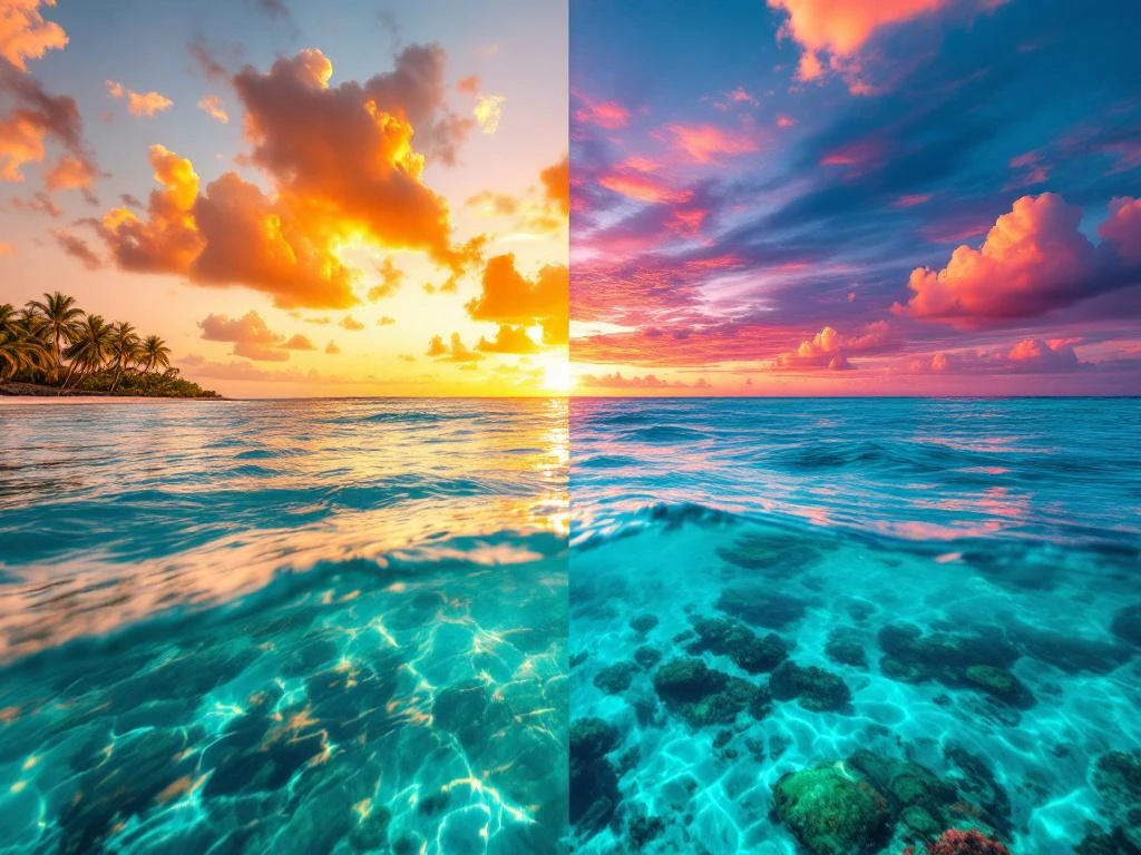 Split-screen view of Aruba's coastline showing sunrise with turquoise waters on left and vibrant sunset on right