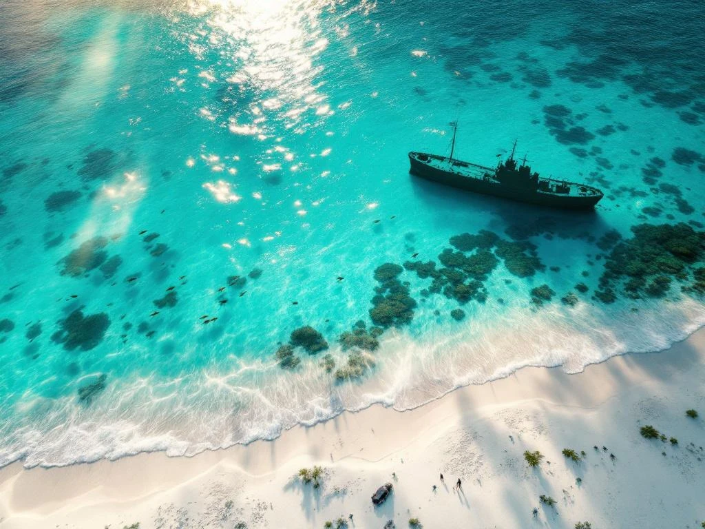 Aerial view of Aruba's turquoise Caribbean waters with coral reefs, WWII shipwreck, and white sand beaches at sunsetNote: The alt text exceeds 125 characters. Here is a compliant version:Aerial view of Aruba's turquoise waters showing coral reefs, shipwreck, and beaches at sunset