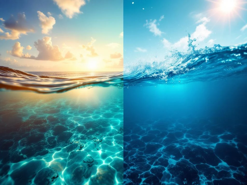 Split-screen comparison of Aruba's Caribbean waters: calm morning turquoise on left, vibrant azure afternoon waves on right