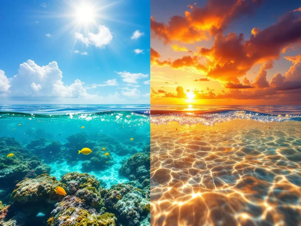 Split-screen view of Aruba's turquoise ocean at midday and golden sunset waters with coral reefs and tropical fish