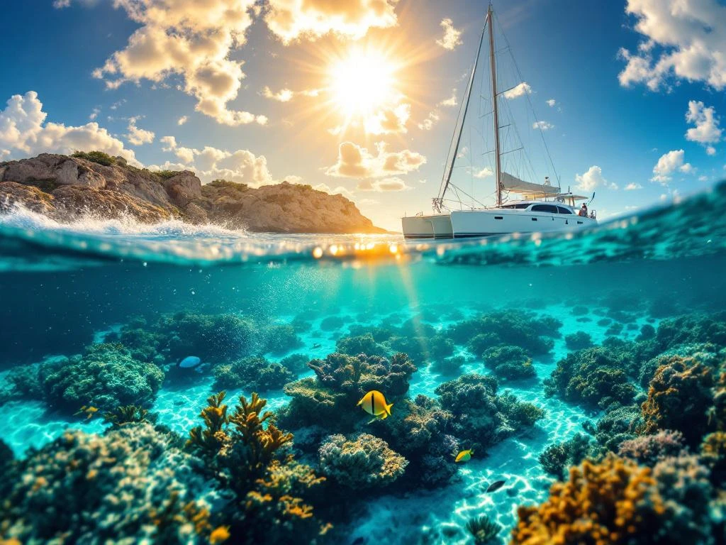 Split-view of motorboat and catamaran in turquoise Caribbean waters with coral reef, Aruba coastline at golden hour