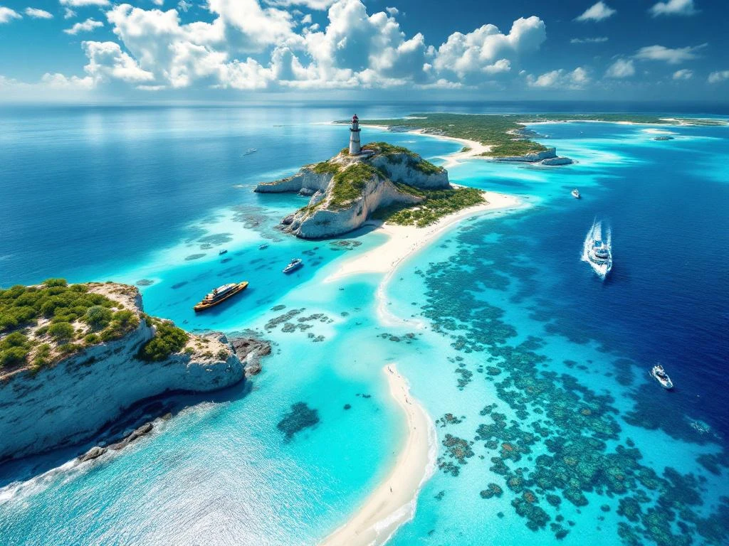Aerial view of Aruba's western coastline with California Lighthouse, SS Antilla shipwreck, and turquoise Caribbean waters