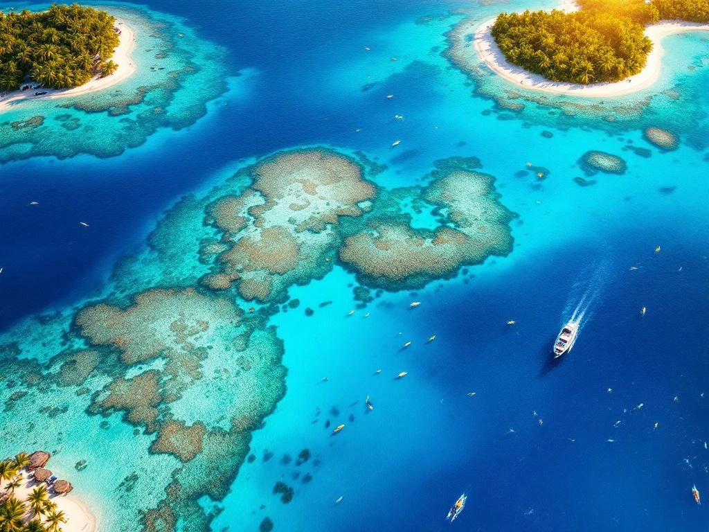 Aerial view of turquoise Caribbean waters with coral reefs, tropical islands, and snorkeling spots in Aruba