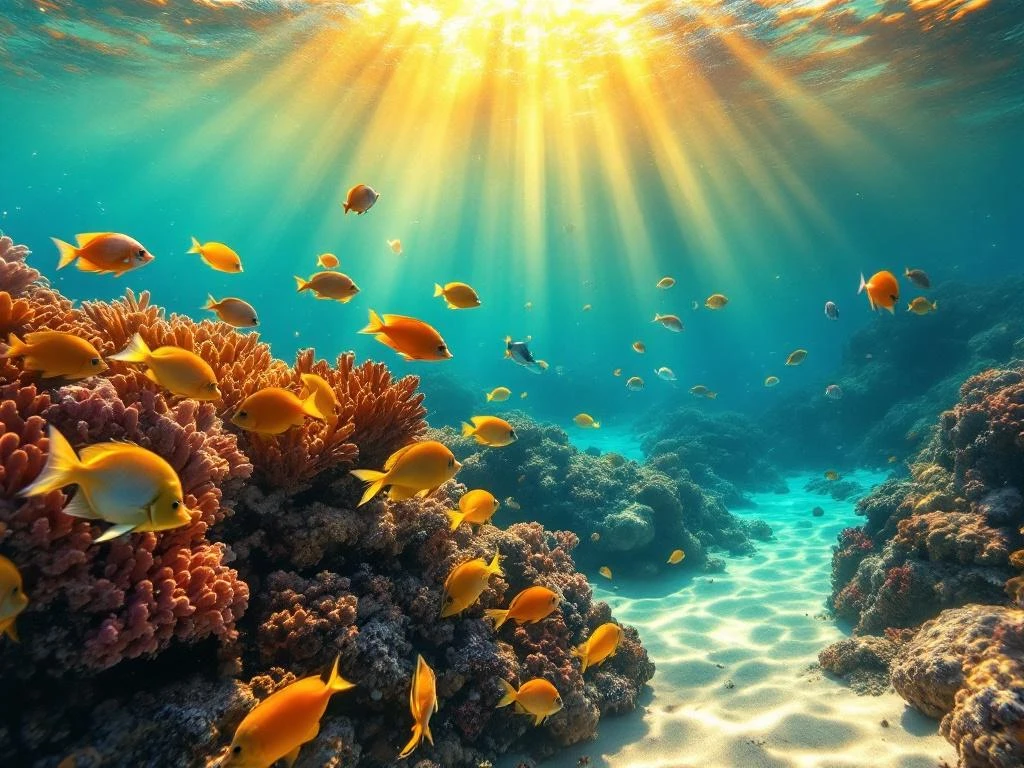Vibrant Caribbean coral reef with tropical fish and snorkel gear in crystal-clear turquoise waters off Aruba coast