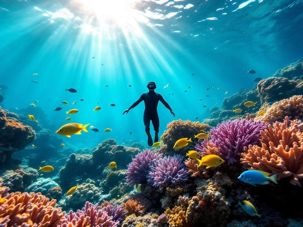 Diver in black wetsuit exploring vibrant Aruba coral reef with tropical fish and sunbeams in turquoise Caribbean water