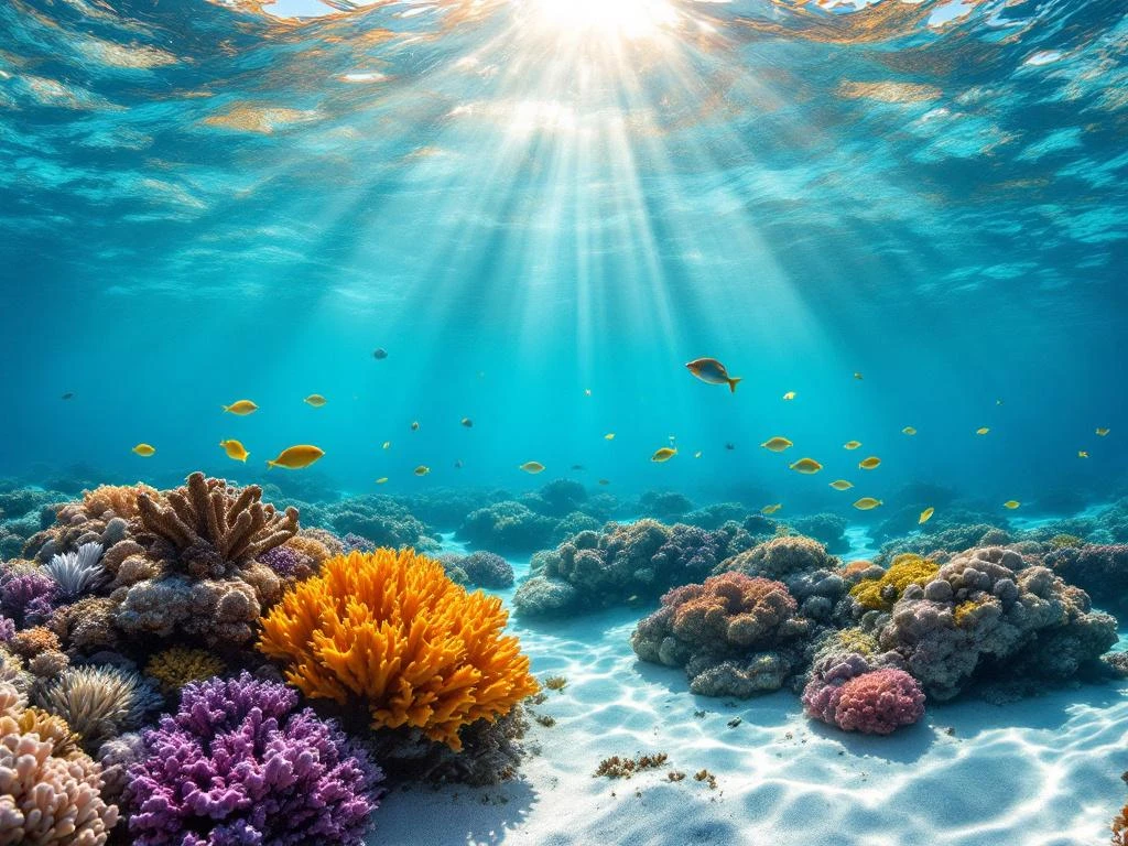 Vibrant coral reef in turquoise Caribbean waters with tropical fish and sunbeams, Aruba snorkeling destination