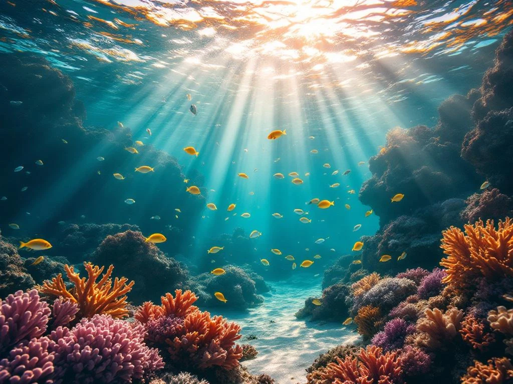 Vibrant Caribbean coral reef in turquoise Aruba waters with tropical fish, colorful corals, and dramatic sunbeams from above