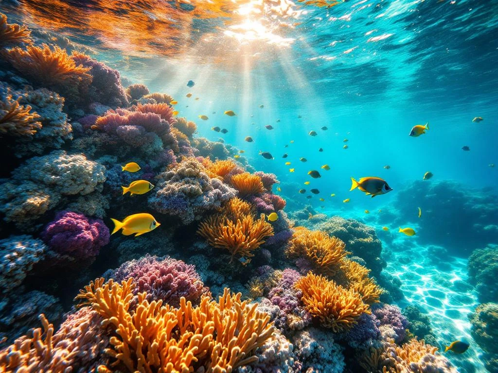 Vibrant coral reef in Aruba's turquoise Caribbean waters with tropical fish and filtered sunlight from snorkeler's view.