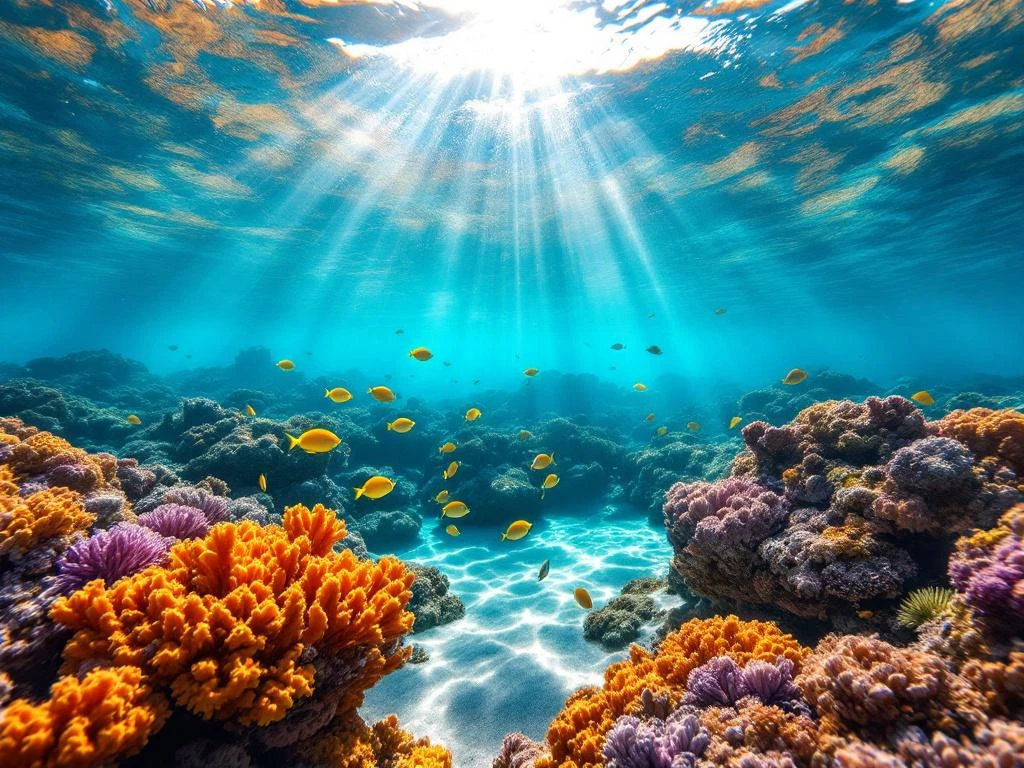 Vibrant coral reef in Aruba with colorful tropical fish swimming among orange and purple corals in clear turquoise water