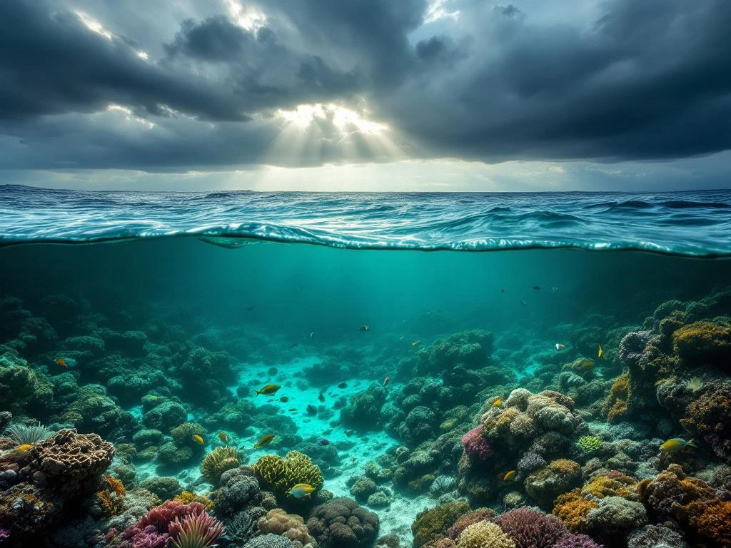 Caribbean coral reef in Aruba during storm with murky water, choppy waves, and reduced underwater visibility
