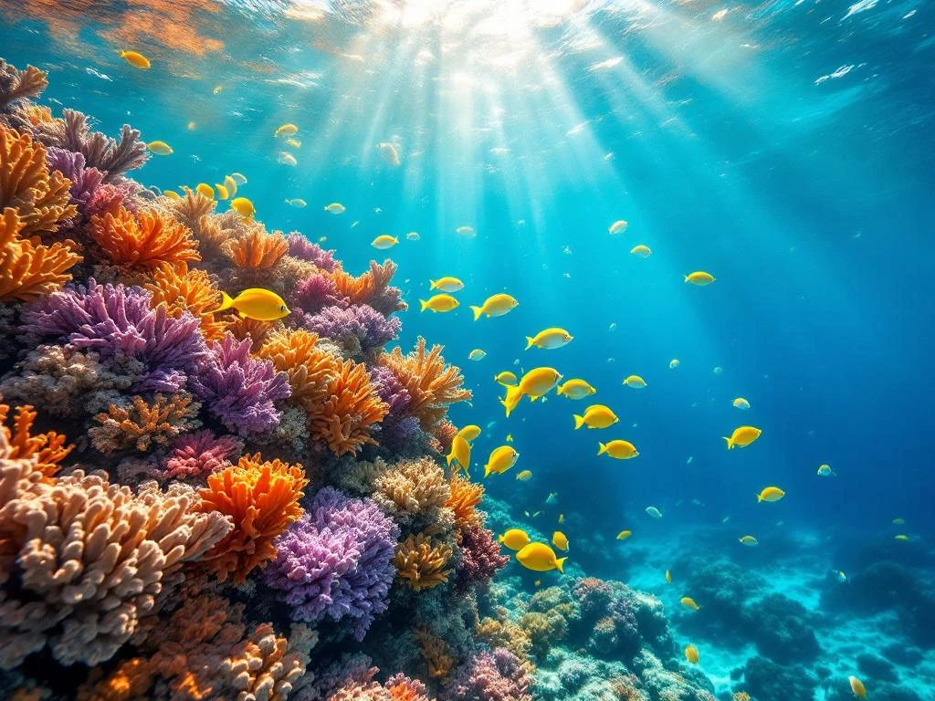 Vibrant Caribbean coral reef in Aruba with tropical fish, colorful corals, and sunbeams through turquoise water