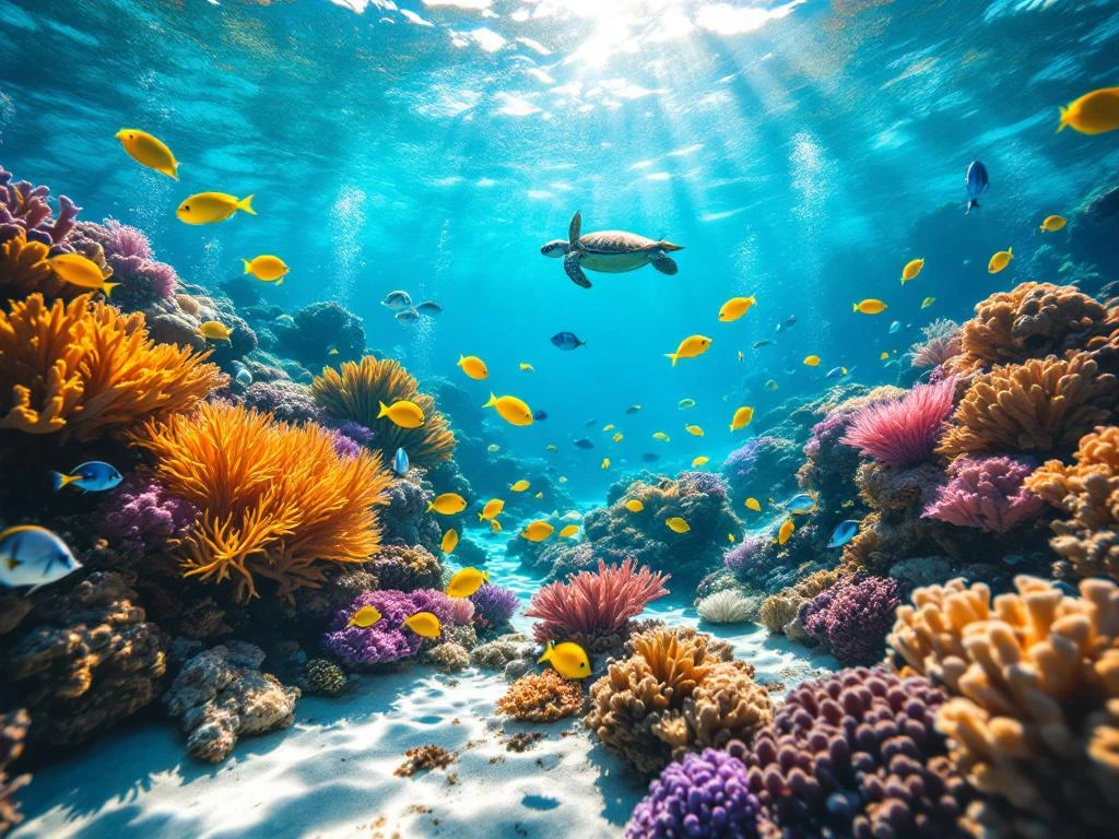 Vibrant Aruba coral reef with colorful tropical fish, sea turtles, and healthy corals in crystal-clear Caribbean waters.