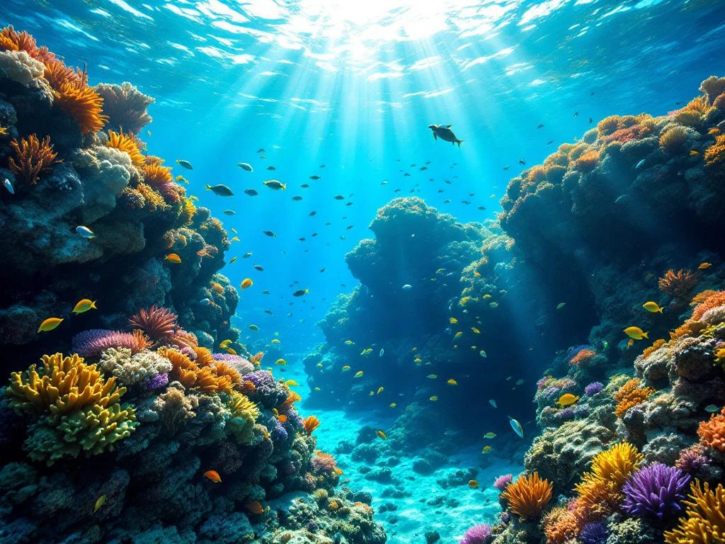 Vibrant Caribbean coral reefs with tropical fish, sea turtles, and colorful marine life in crystal-clear turquoise waters