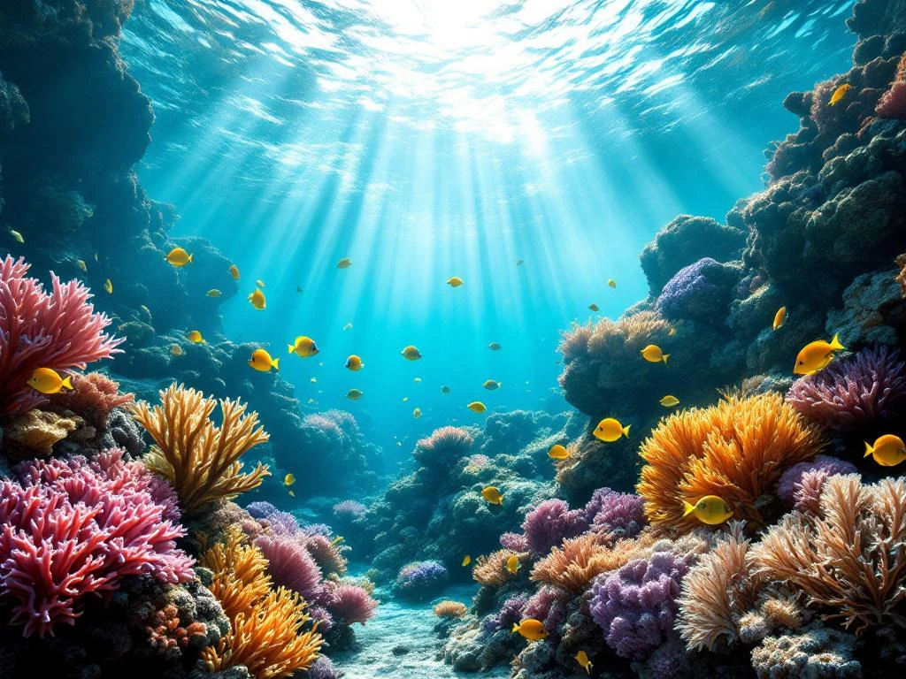 Vibrant Aruba coral reef with colorful brain and staghorn corals, tropical fish, and sunlight filtering through turquoise water