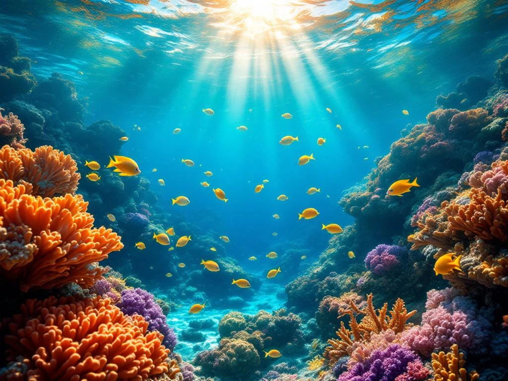Crystal-clear Aruba coral reef with vibrant orange and purple corals, tropical fish, and sunbeams in turquoise water