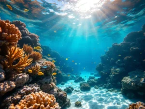 Underwater view of Aruba's coral reef with tropical fish, turquoise Caribbean waters, and sunlight filtering through surface.