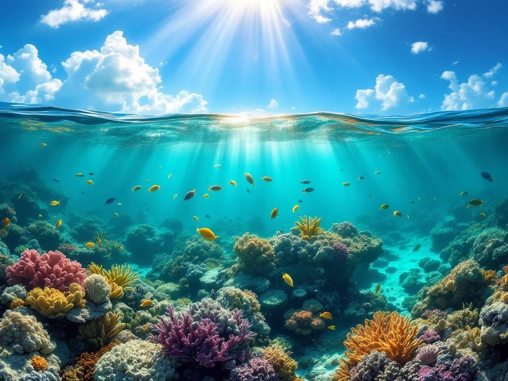 Aruba's vibrant coral reef with tropical fish at multiple depths, crystal-clear turquoise water and dramatic sunlight rays