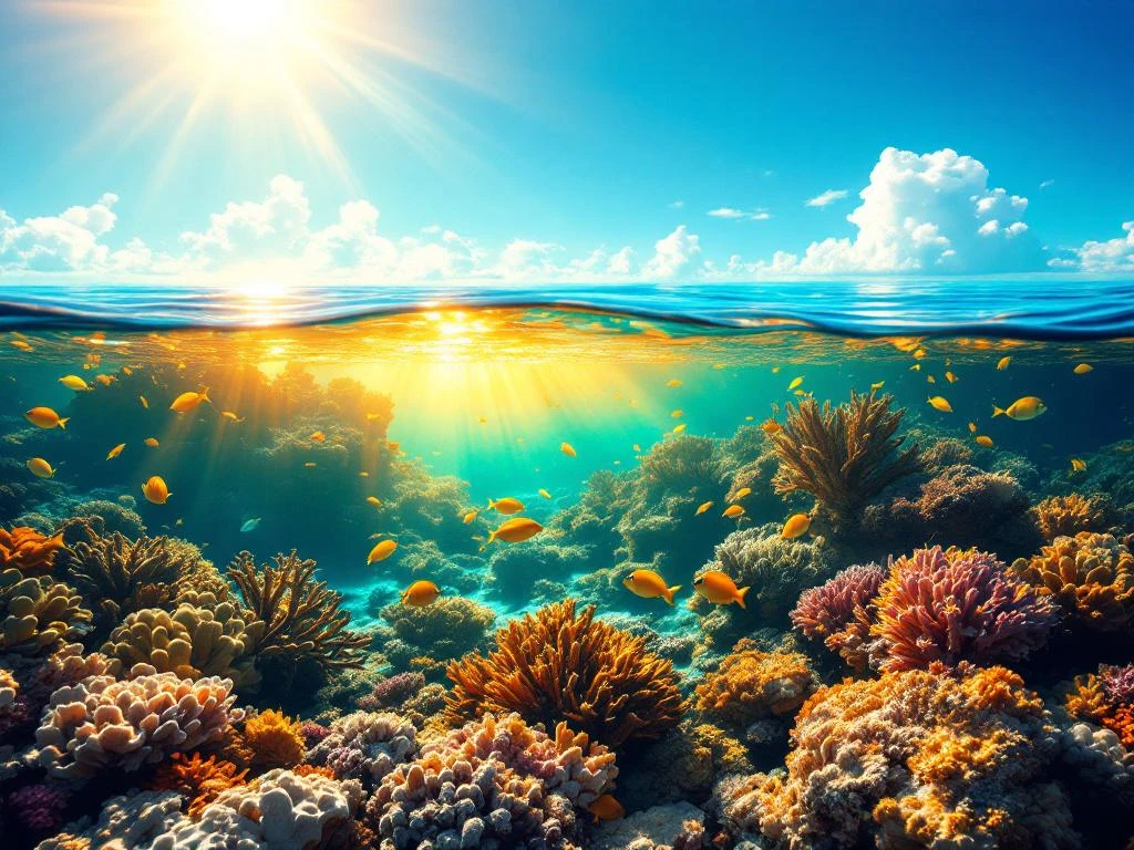Split-level view of Aruba's coral reef with tropical fish underwater and clear blue sky above the Caribbean Sea