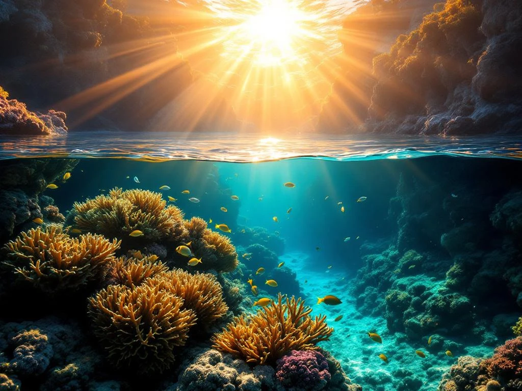 Aruba's vibrant coral reef with tropical fish in crystal-clear turquoise water transitioning to deep blue depths