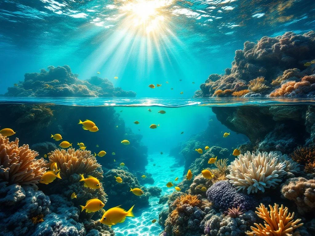 Vibrant Aruba coral reef with tropical fish, brain corals, and sea fans in crystal-clear Caribbean waters with sunbeams