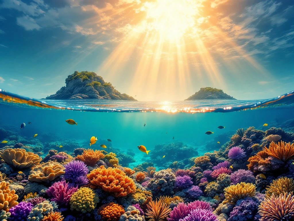 Vibrant coral reefs with tropical fish in clear turquoise Caribbean waters illuminated by golden sunlight rays