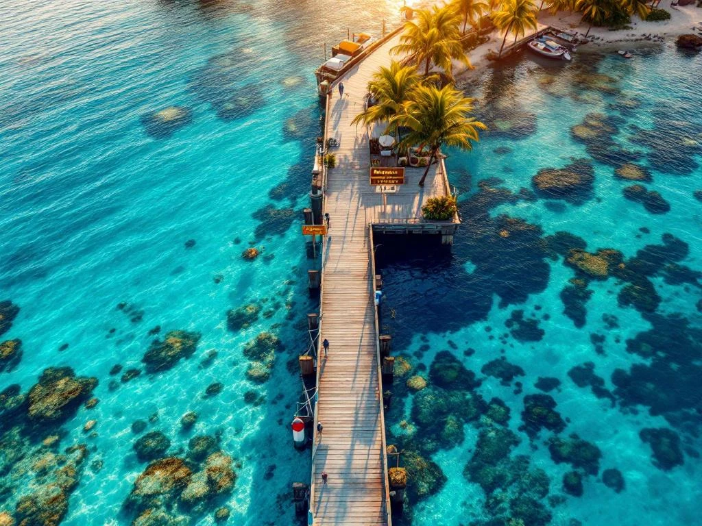 Aruba harbor wooden departure pier extending into turquoise Caribbean waters at golden hour with palm trees and clear signage